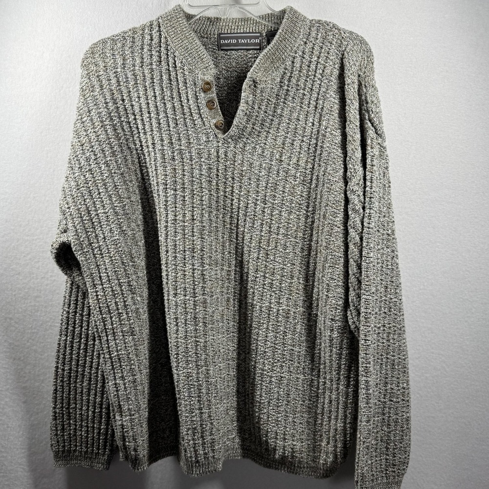 David Taylor Sweater‎ Mens Medium Gray Henley Waffle Knit Heavyweight USA